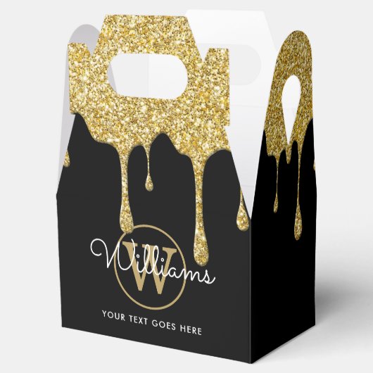 Gouden Glitter Drips Script Naam Monogram Zwart Fa Bedankdoosjes (Geopend)