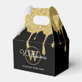 Gouden Glitter Drips Script Naam Monogram Zwart Fa Bedankdoosjes (Voorkant Zijde)