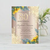 Gouden Glitter Drips Zonnebloemen 80e verjaardag Kaart (Staand voorkant)