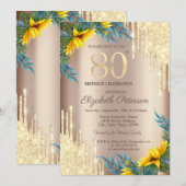Gouden Glitter Drips Zonnebloemen 80e verjaardag Kaart (Voorkant / Achterkant)