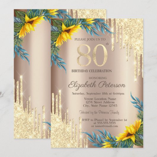 Gouden Glitter Drips Zonnebloemen 80e verjaardag Kaart (Voorkant / Achterkant)