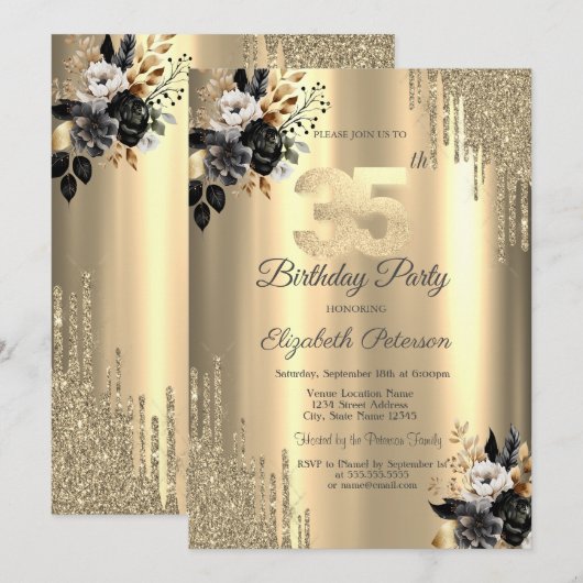 Gouden Glitter Drips Zwart Rozen 35e Verjaardag Kaart (Voorkant / Achterkant)