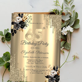Gouden Glitter Drips Zwart Rozen 65e Verjaardag Kaart