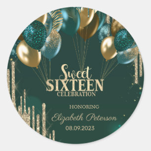 Gouden Glitter Druppel Ballonnen Groen Sweet 16 Ronde Sticker