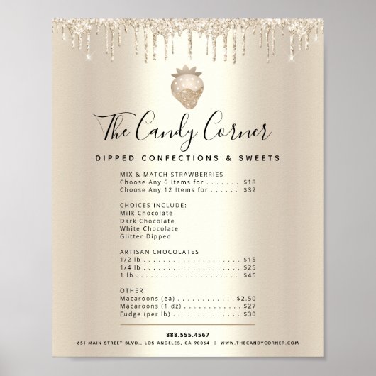 Gouden Glitter Druppels Dessert Snoepjes Menu Prij Poster (Voorkant)