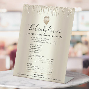 Gouden Glitter Druppels Dessert Snoepjes Menu Prij Reclamebord Met Voetstuk