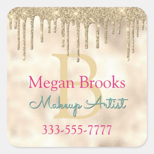 Gouden Glitter Druppels, DIY Naam, Monogram Titel Vierkante Sticker (Voorkant)