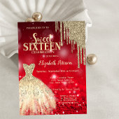 Gouden Glitter Druppels, Dress Red Bokeh Sweet 16 Kaart