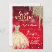 Gouden Glitter Druppels, Dress Red Bokeh Sweet 16 Kaart (Voorkant)