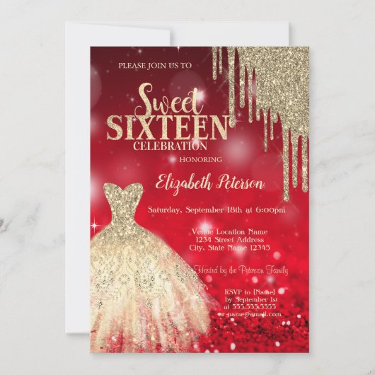 Gouden Glitter Druppels, Dress Red Bokeh Sweet 16 Kaart (Voorkant)