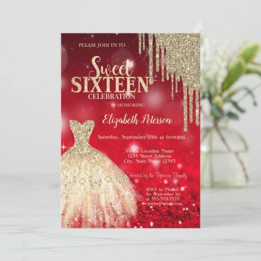 Gouden Glitter Druppels, Dress Red Bokeh Sweet 16 Kaart (Staand voorkant)