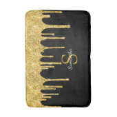 Gouden Glitter Druppels Glans Zwarte Monogram Naam Badmat (Voorkant Verticaal)