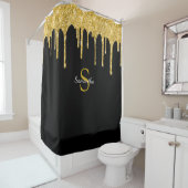 Gouden Glitter Druppels Glans Zwarte Monogram Naam Douchegordijn (In situ)