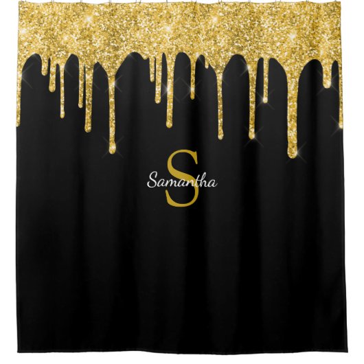 Gouden Glitter Druppels Glans Zwarte Monogram Naam Douchegordijn (Voorkant)