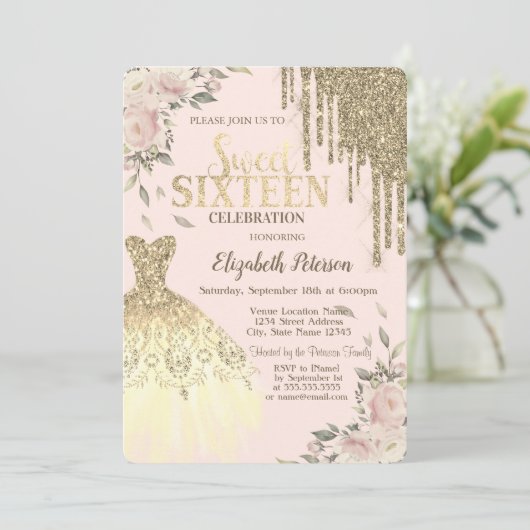 Gouden Glitter Druppels, Jurk, Bloemen Cream Sweet Kaart (Staand voorkant)