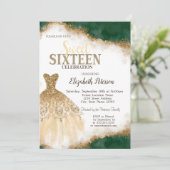 Gouden glitter druppels, jurk groen glitter zoet 1 kaart (Staand voorkant)