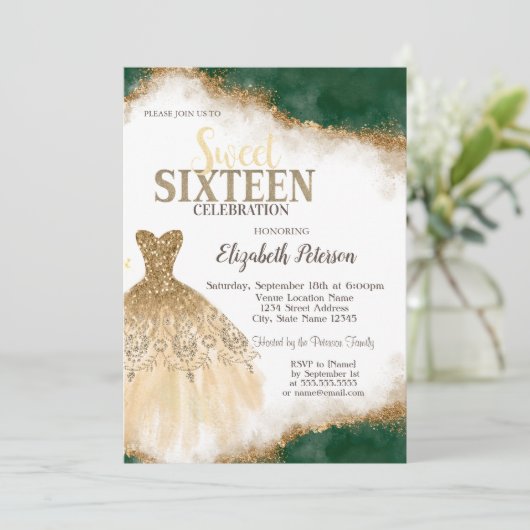 Gouden glitter druppels, jurk groen glitter zoet 1 kaart (Staand voorkant)