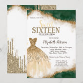 Gouden glitter druppels, jurk groen glitter zoet 1 kaart (Voorkant / Achterkant)