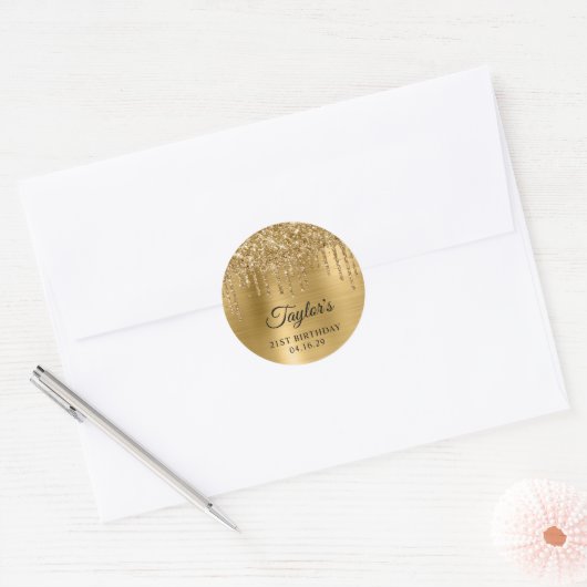 Gouden Glitter druppels Metallic 21e verjaardag Ronde Sticker (Envelop)