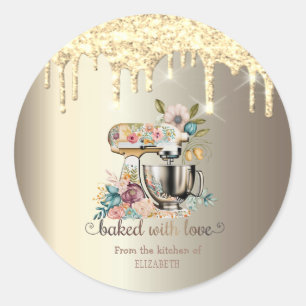 Gouden Glitter Druppels Mixer Bloemen Bakkerij Ronde Sticker