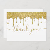 Gouden Glitter Druppels Moderne Elegante Script Bedankkaart (Voorkant / Achterkant)