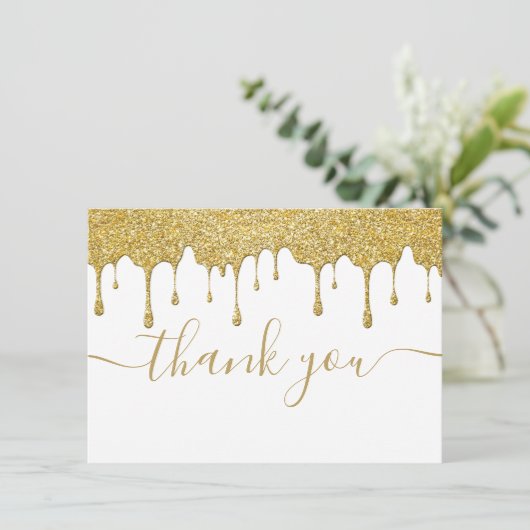 Gouden Glitter Druppels Moderne Elegante Script Bedankkaart (Staand voorkant)