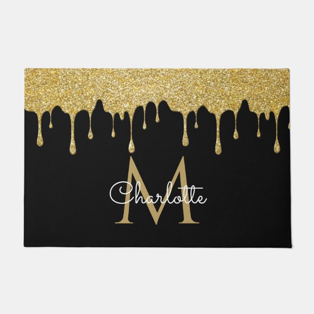 Gouden Glitter Druppels Monogram Elegante Meisjesa Deurmat (Voorkant)
