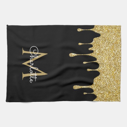 Gouden Glitter Druppels Monogram Elegante Meisjesa Theedoek (Horizontaal)