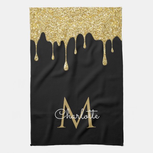 Gouden Glitter Druppels Monogram Elegante Meisjesa Theedoek (Verticaal)