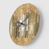 Gouden Glitter Druppels Monogram Gepersonaliseerd Grote Klok (Hoek)
