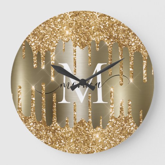 Gouden Glitter Druppels Monogram Gepersonaliseerd Grote Klok (Voorkant)
