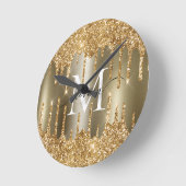 Gouden Glitter Druppels Monogram Gepersonaliseerde Ronde Klok (Hoek)