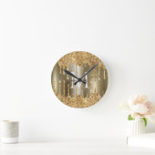 Gouden Glitter Druppels Monogram Gepersonaliseerde Ronde Klok (Huis)