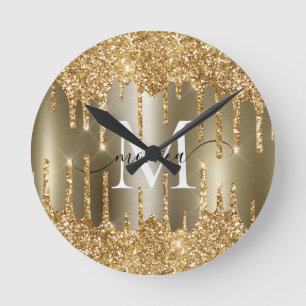 Gouden Glitter Druppels Monogram Gepersonaliseerde Ronde Klok