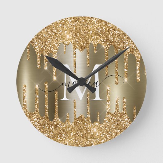 Gouden Glitter Druppels Monogram Gepersonaliseerde Ronde Klok (Voorkant)