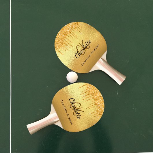 Gouden glitter druppels monogram naam elegant tafeltennisbatje