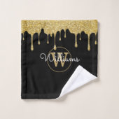 Gouden Glitter Druppels Monogram Script Naam Bad Handdoek (Wasdoekje)