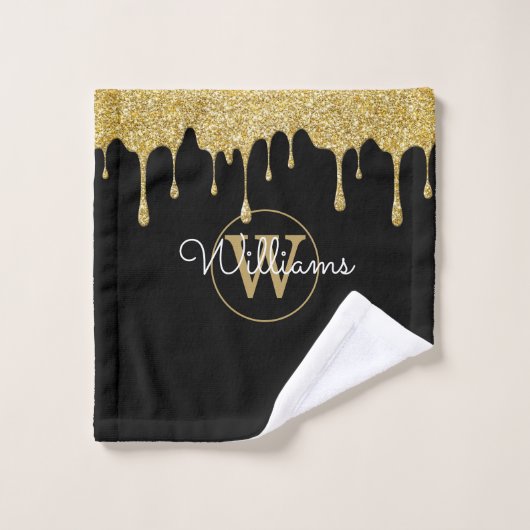 Gouden Glitter Druppels Monogram Script Naam Bad Handdoek (Wasdoekje)
