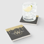 Gouden Glitter Druppels Monogram Script Naam Zwart Stenen Onderzetter (Zijkant)