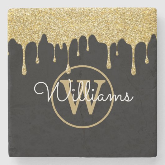 Gouden Glitter Druppels Monogram Script Naam Zwart Stenen Onderzetter (Voorkant)