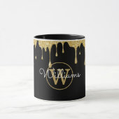 Gouden Glitter Druppels Monogram Script Zwart Mok (Midden)