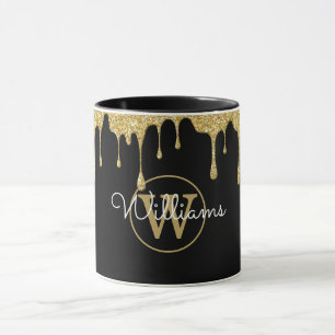 Gouden Glitter Druppels Monogram Script Zwart Mok