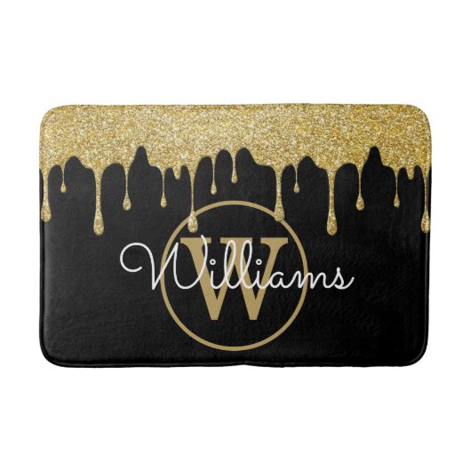 Gouden Glitter Druppels Monogram Stijlvol Schrift  Badmat (Voorkant)