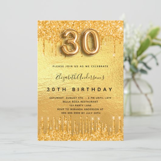 gouden glitter-druppels op 30e verjaardag kaart (Staand voorkant)