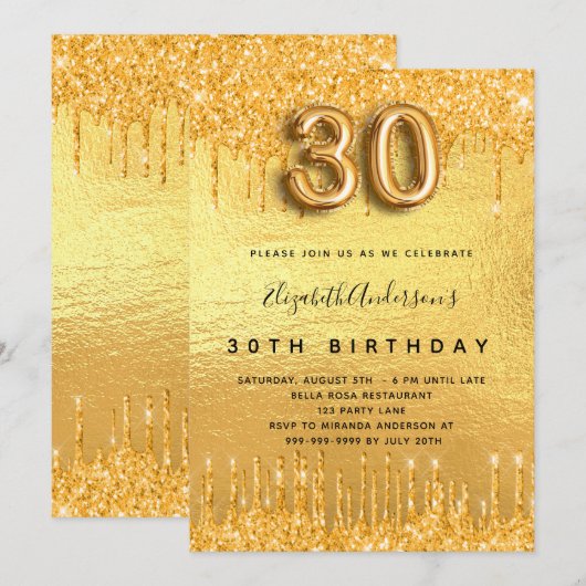 gouden glitter-druppels op 30e verjaardag kaart (Voorkant / Achterkant)