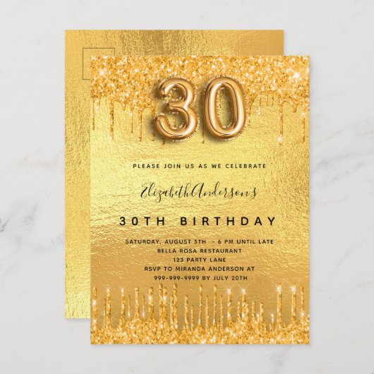 gouden glitter-druppels op 30e verjaardag uitnodiging briefkaart (Voorkant / Achterkant)