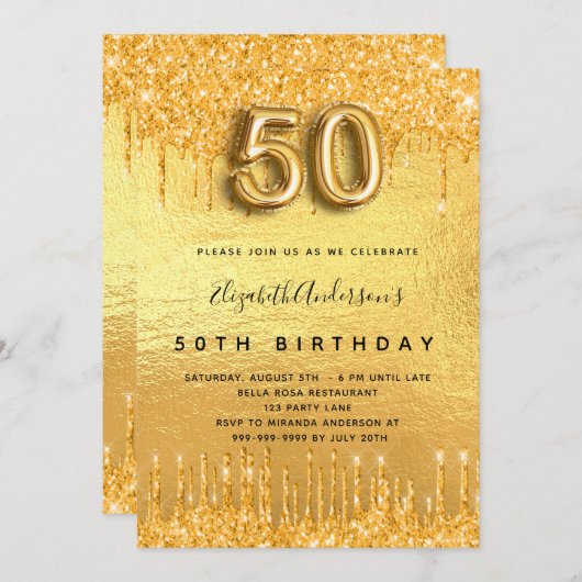 gouden glitter-druppels op 50ste verjaardag kaart (Voorkant / Achterkant)