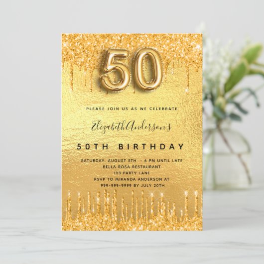 gouden glitter-druppels op 50ste verjaardag kaart (Staand voorkant)