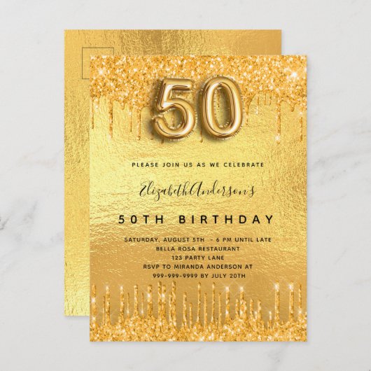 gouden glitter-druppels op 50ste verjaardag uitnodiging briefkaart (Voorkant / Achterkant)