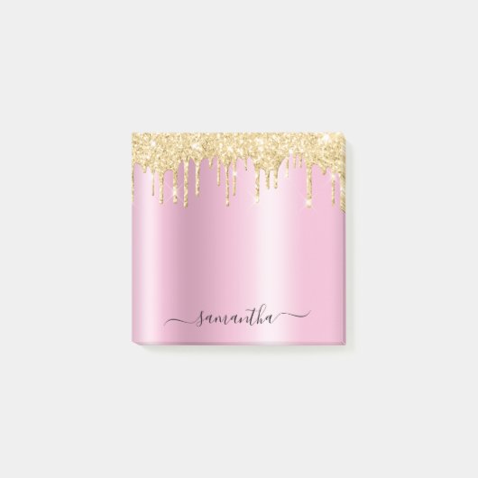 Gouden Glitter Druppels Roze Schittering Glam Naam Post-it® Notes (Voorkant)
